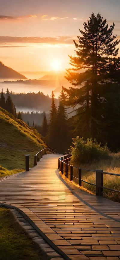 A brick-paved walkway curves downhill between tall pines into low sun and valley fog, the warm backlight rimming every branch in this rendered scene.