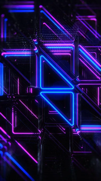 A 3D maze of glass panels and triangles glows in violet and blue, densest in the upper half so the dock area below stays calmer.