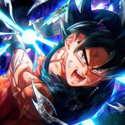 Goku roars forward charging a blue energy wave, white shards and glints bursting toward every corner of this square crop, his face just right of centre.