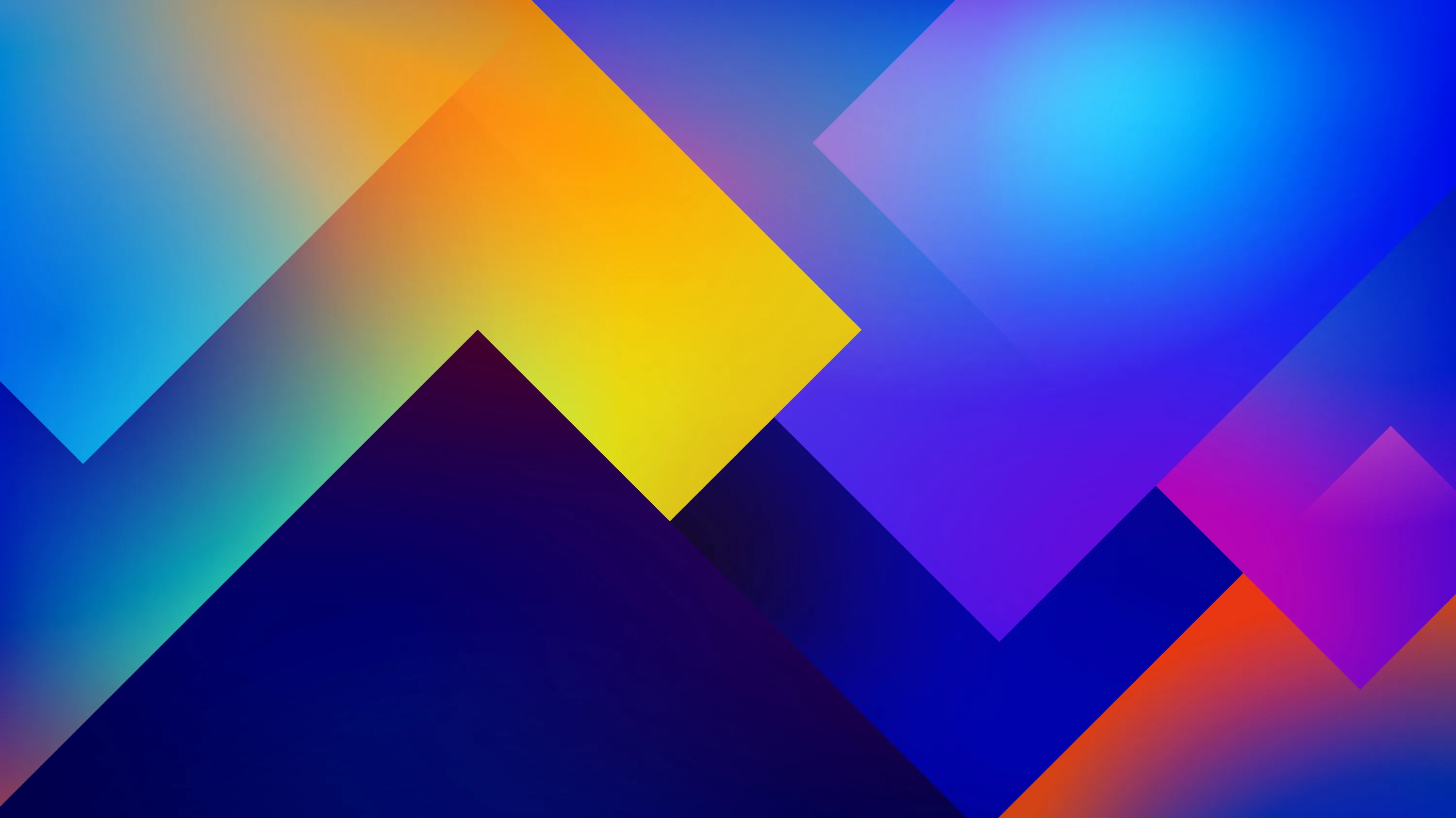 Translucent triangles in gold, cyan, and magenta overlap like paper peaks over a navy base, the flat dark centre keeping desktop shortcuts readable.