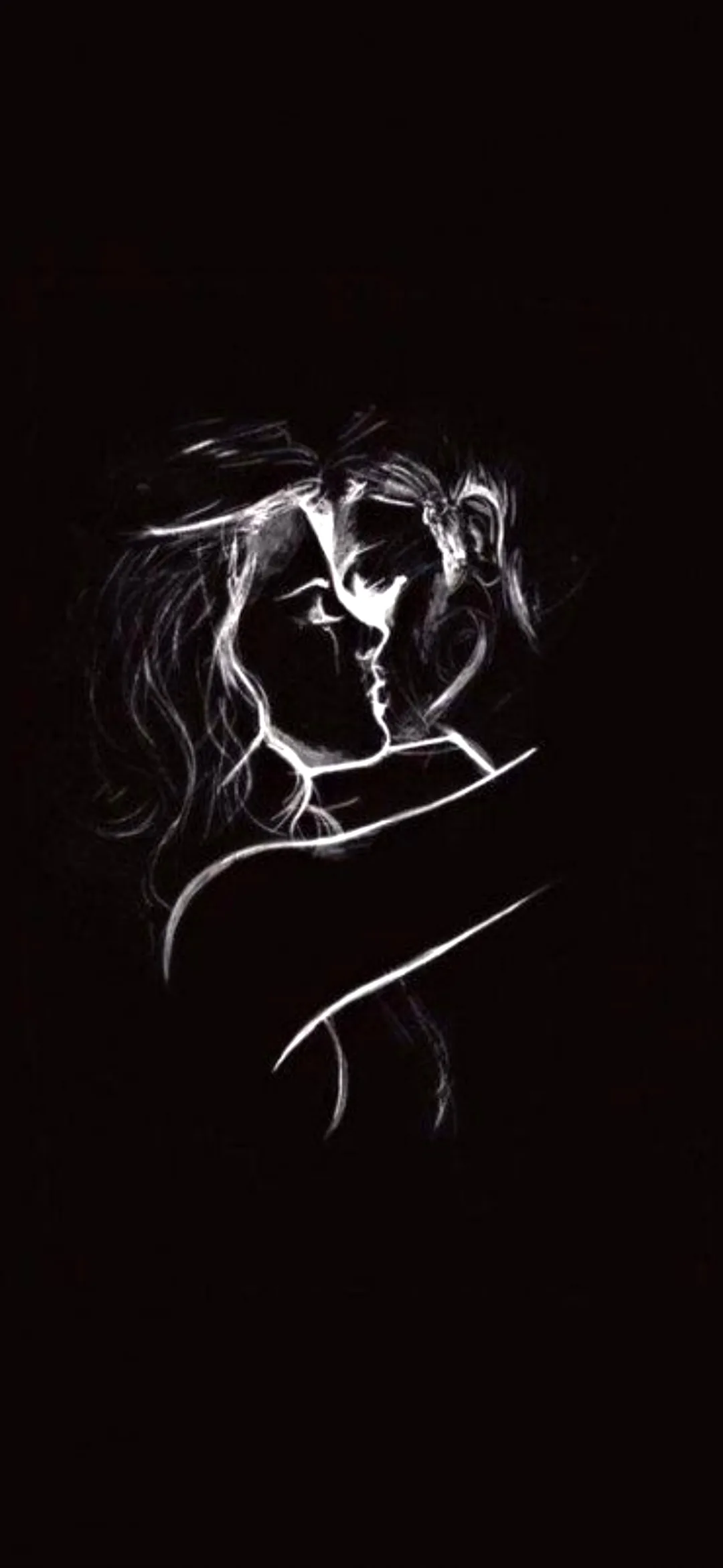 Thin white strokes draw a woman and man holding each other on solid black, the sketch fading away at the shoulders.