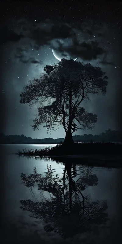 A single tree stands on its islet under a crescent moon and faint stars, its mirrored reflection darkening toward the bottom of the tall frame.