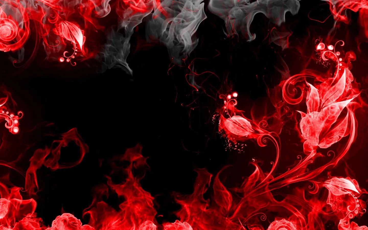 Smoke curls into flower-like shapes around a black centre, red on the lower half shading to pale grey along the top edge.