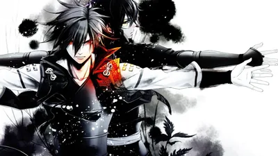 In white and black robes he stretches both arms out, ink splatter and a second stern face bleeding into the background.