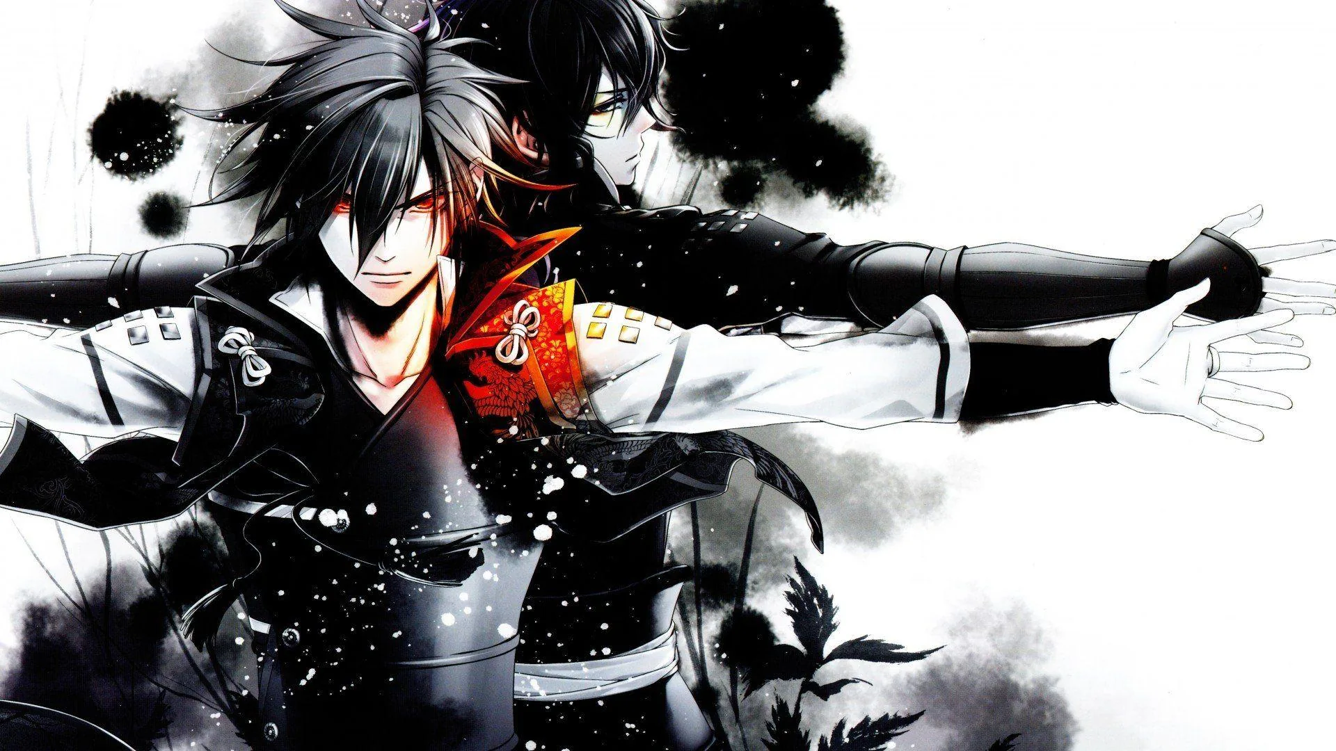 In white and black robes he stretches both arms out, ink splatter and a second stern face bleeding into the background.