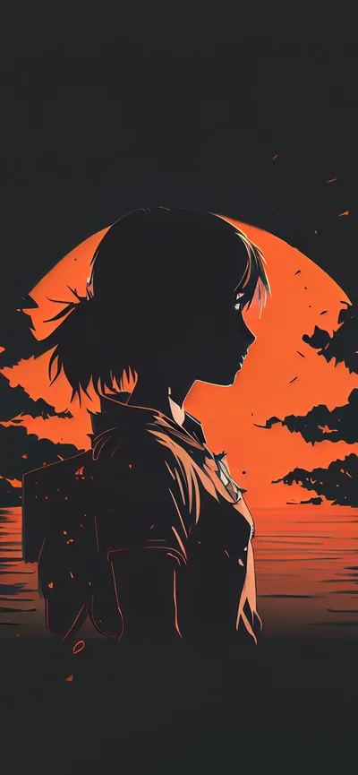 A figure stands in profile before a burnt orange disc, dark clouds and a flat sea filling the rest of the tall frame.