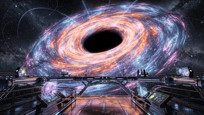 A lit landing platform stretches into the distance while an enormous swirl of orange and violet gas turns overhead around an empty black centre.