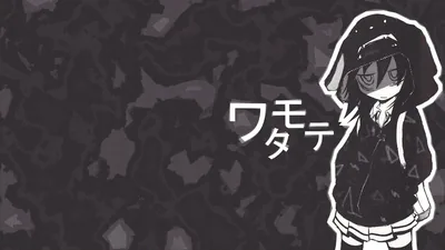 A slouching girl in a school jacket stands at the right of a mottled charcoal background, katakana lettering filling the empty middle.