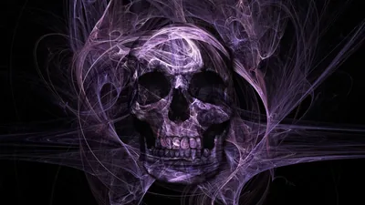 Wisps of violet smoke wrap around a skull at the centre of the frame, thinning out into black as they trail toward the corners.
