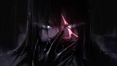 A dark-haired figure lowers one hand from his face in the rain, a red sigil burning in his left eye against a near-black street.