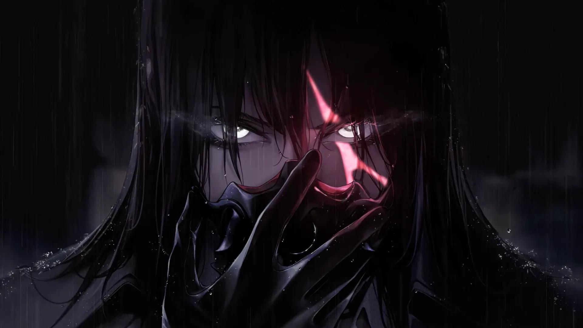 A dark-haired figure lowers one hand from his face in the rain, a red sigil burning in his left eye against a near-black street.