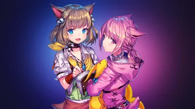 Both catgirls stand together left of centre on a navy to magenta gradient, the darker side edges left open for desktop icons and white text.