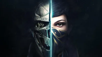 A cracked bone mask and a woman's face meet at the centre, divided by a thin blue seam that runs top to bottom.
