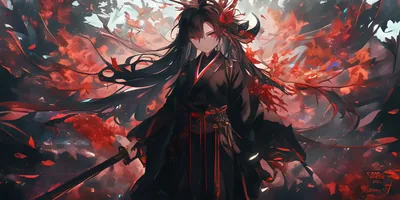 Long black hair and a trailing robe against a canopy of red foliage, a drawn katana held low through the mist.