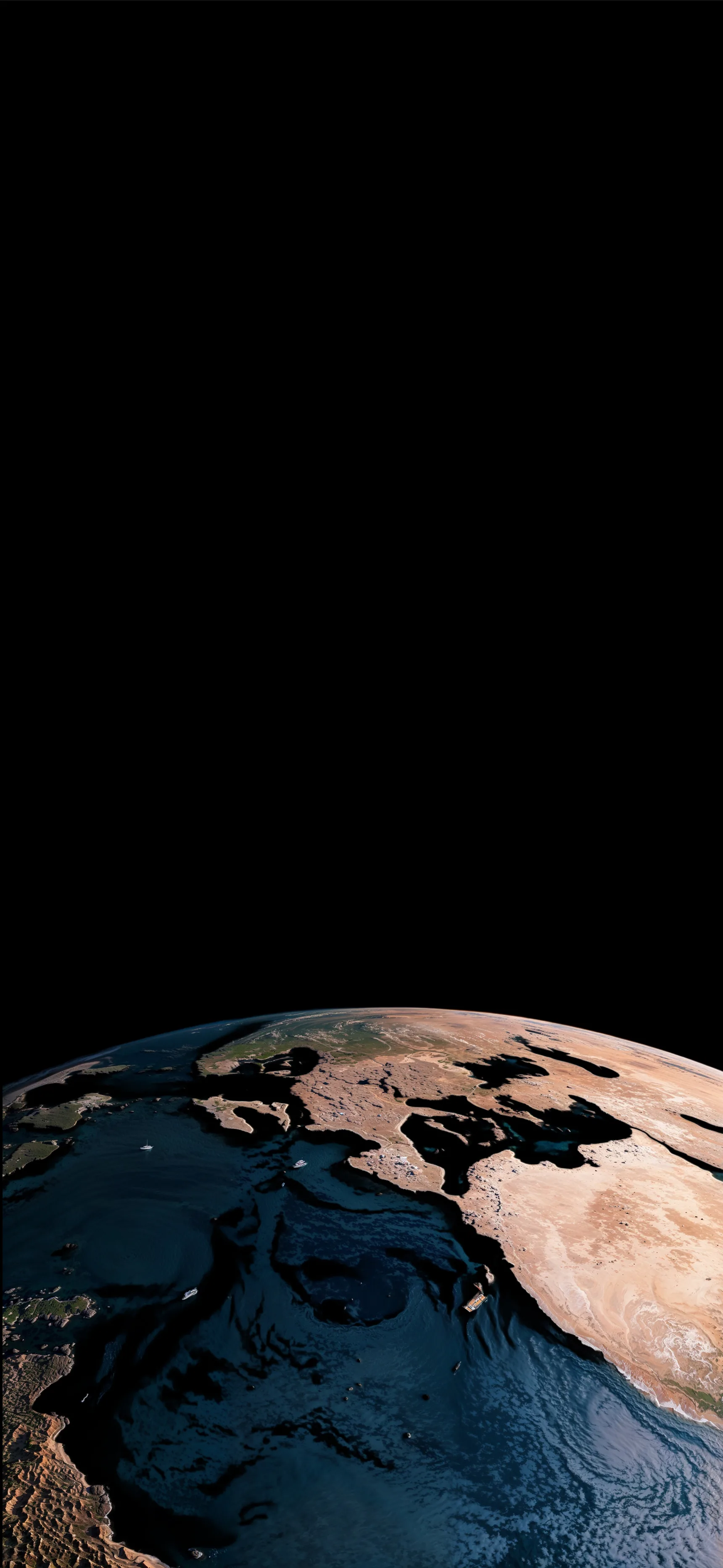 The planet's curve sits in the bottom third showing Europe and North Africa, leaving the upper screen pure black for the clock and icons.