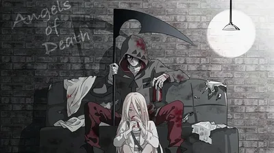 A bandaged figure lounges on a couch with a scythe over one shoulder while a pink-haired girl sits below, a single hanging lamp lighting the brick wall.