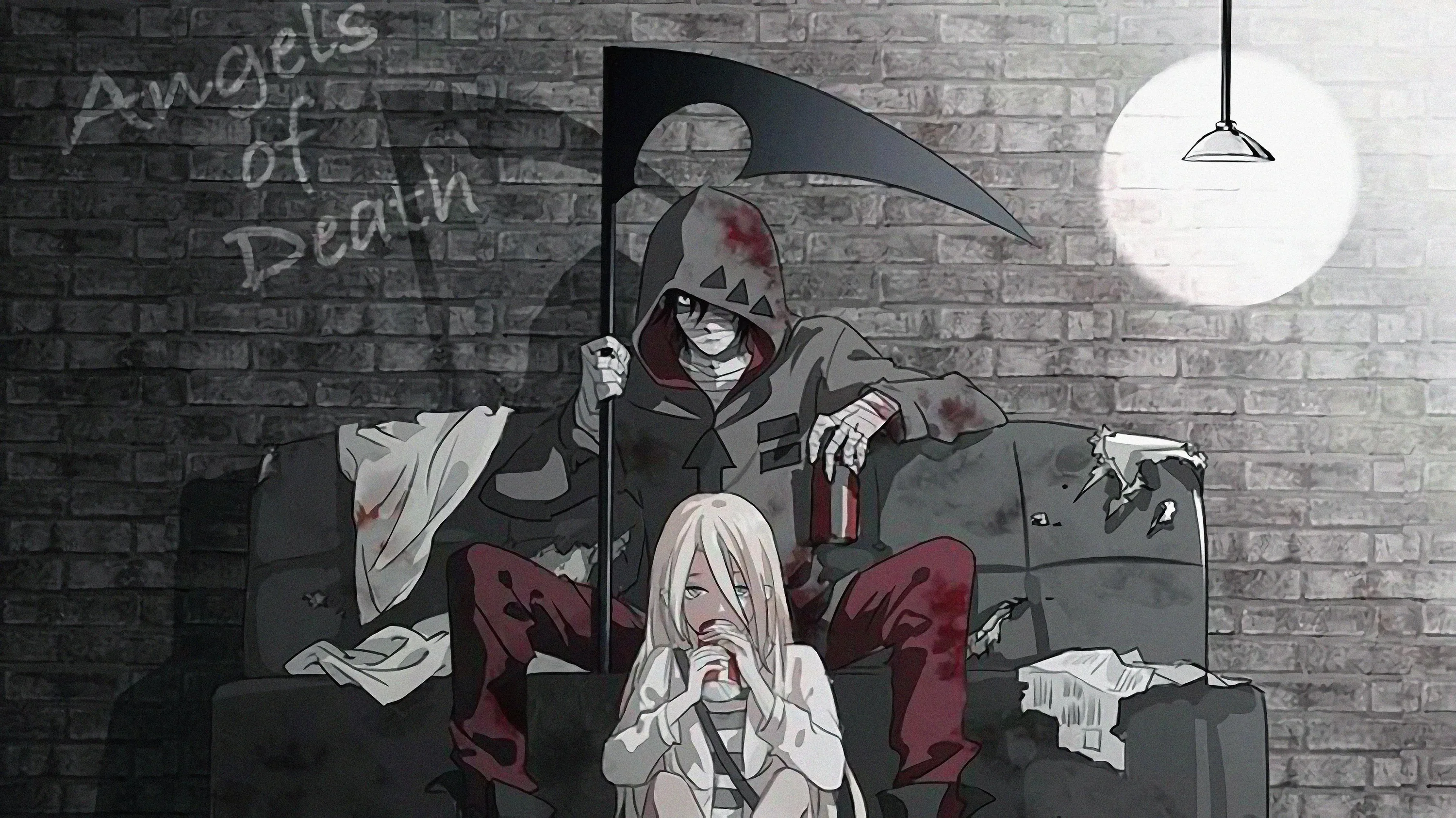A bandaged figure lounges on a couch with a scythe over one shoulder while a pink-haired girl sits below, a single hanging lamp lighting the brick wall.