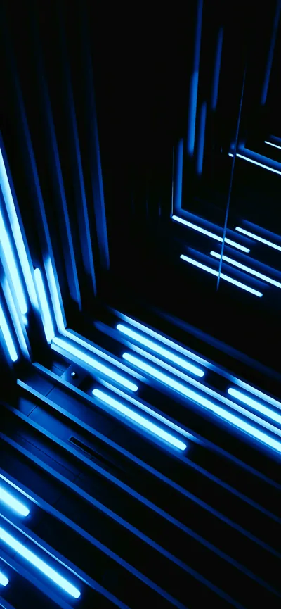 Blue light bars run along the walls and steps of a narrow passage, the strips stacked in tight rows so the whole phone screen reads as cold blue on black.