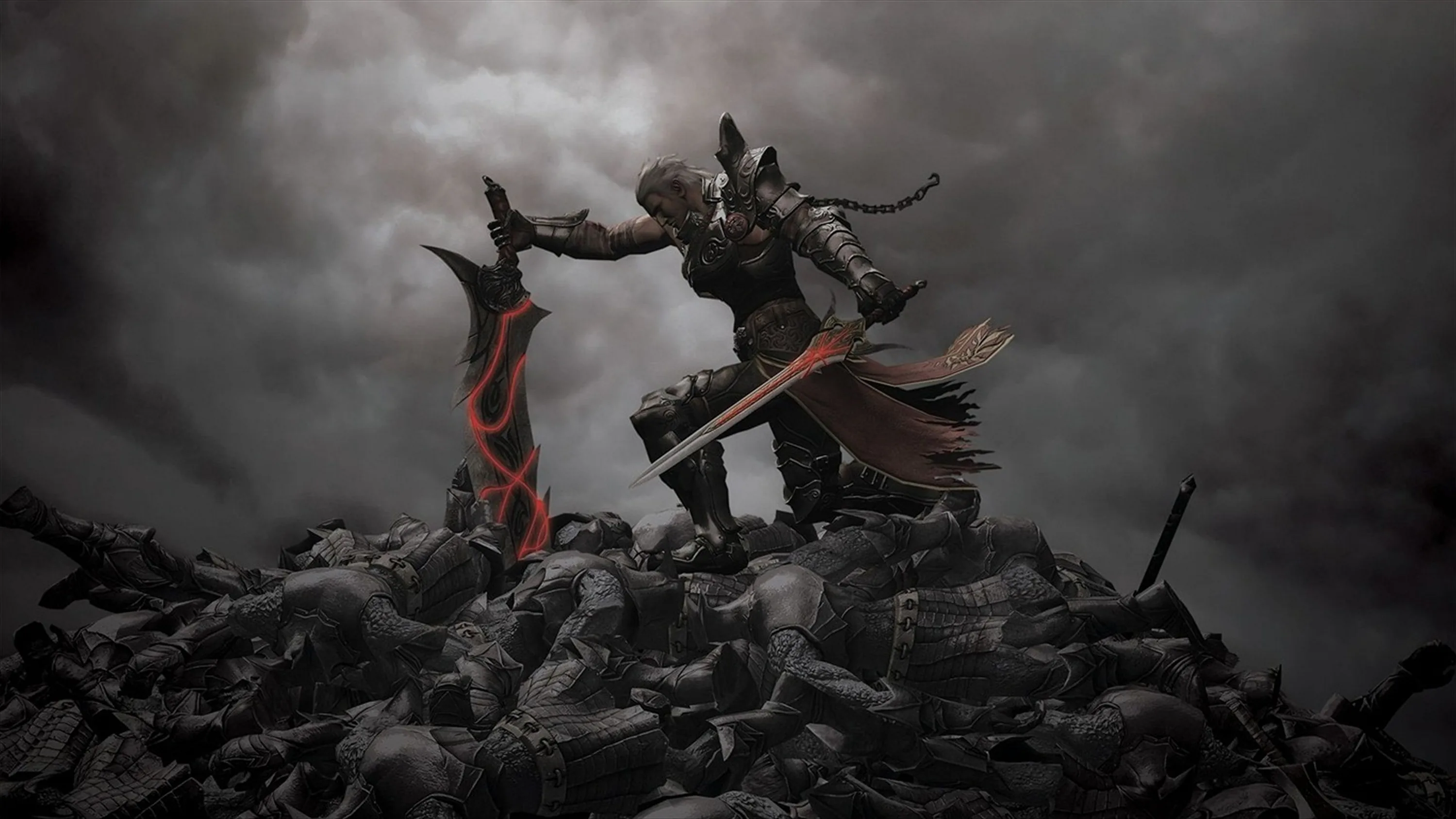A horned warrior in a red cloak stands atop a heap of fallen armour, ash-grey clouds filling the sky behind.