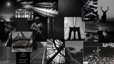 Piano keys, a suspension bridge, a station clock and a stag are tiled into a wide grid, every shot kept in cool grey.