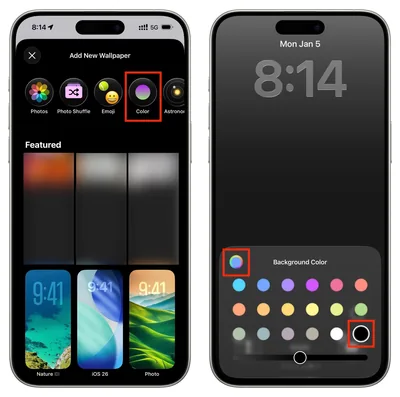 Two phone screens side by side, one showing the Add New Wallpaper panel and the other the black swatch being picked from the background colour row.
