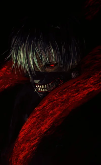 Kaneki's masked face emerges from blackness beside a sweep of red, his single ghoul eye the brightest point in the frame.
