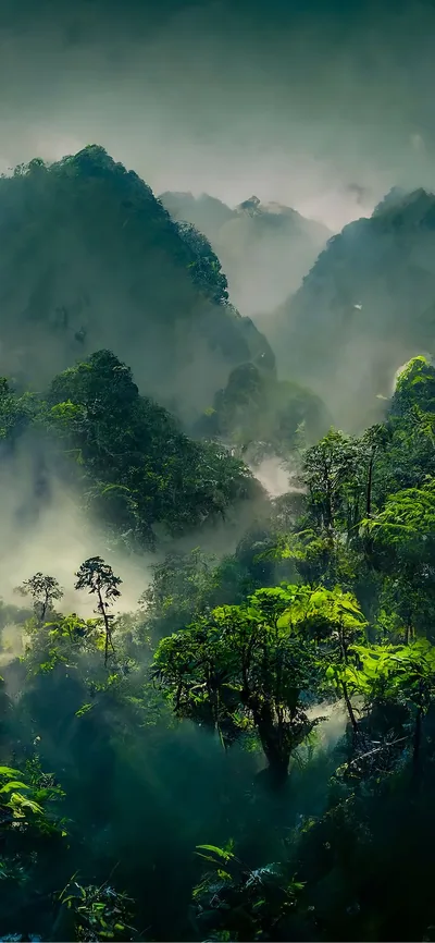 Steep jungle peaks rise behind a glowing green canopy, mist threading between the trees; the hazy upper third works well behind a phone clock.