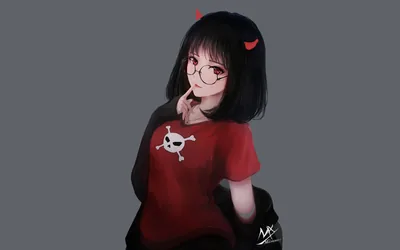 A short-haired girl in round glasses and a red skull tee tilts her head, small red horns poking through her bob, painted flat against plain grey.