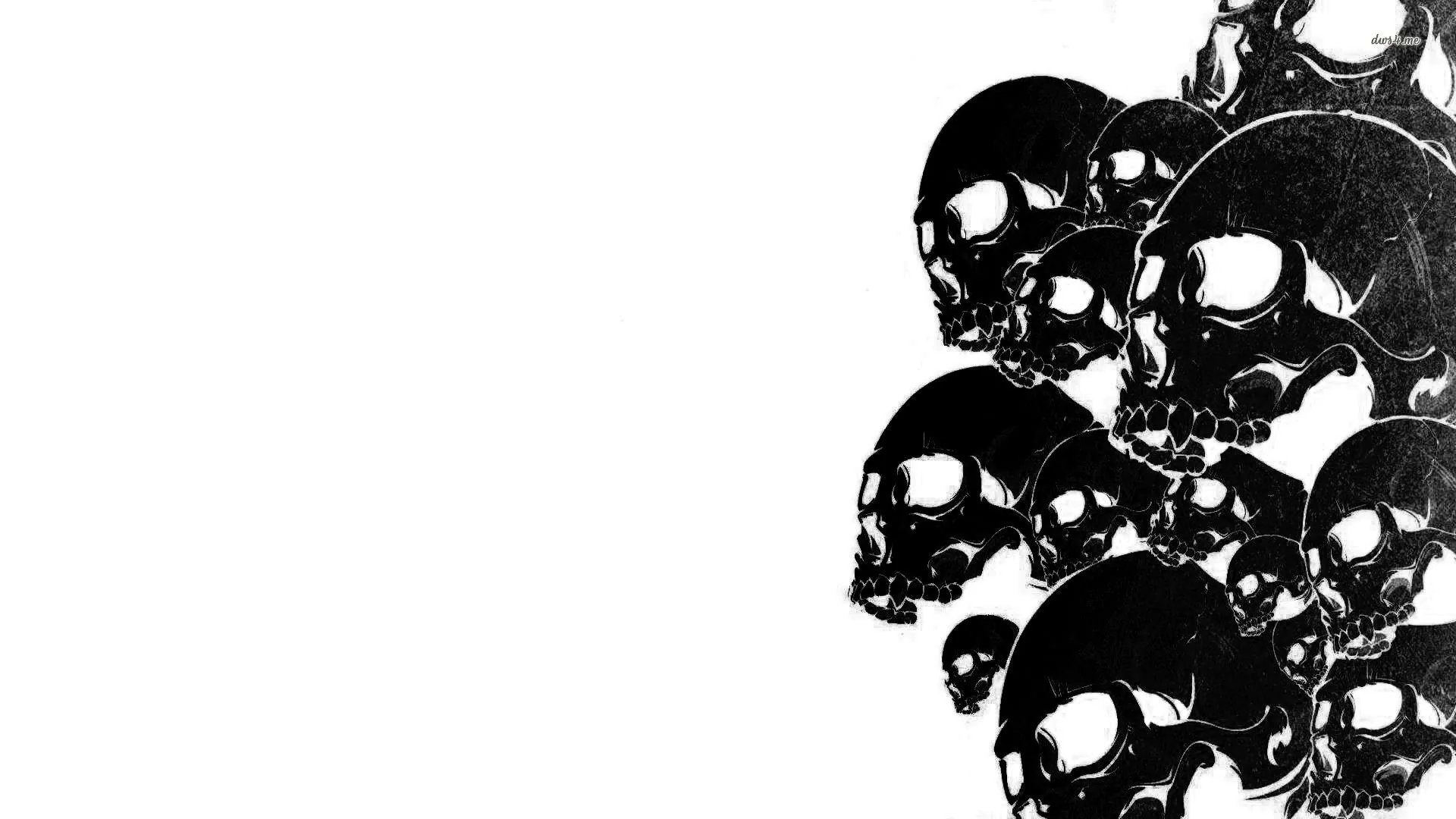 Glossy black skulls tumble down the right side of a plain white frame, overlapping as they go, the left half left blank.