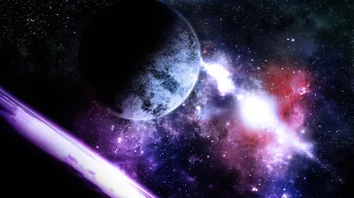 A cratered grey planet sits upper left while a purple beam cuts across the lower frame, red and white gas glowing behind it.