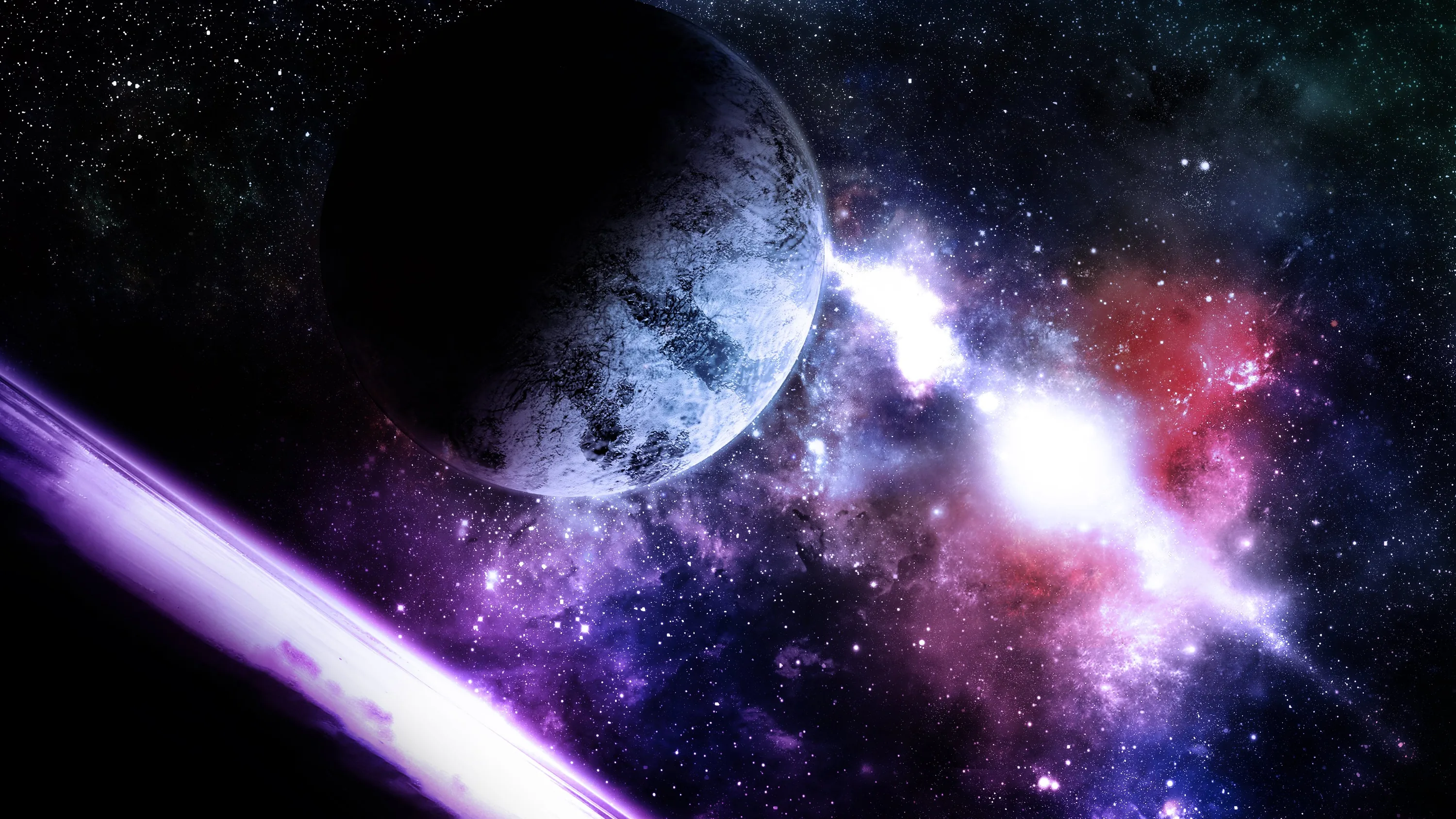 A cratered grey planet sits upper left while a purple beam cuts across the lower frame, red and white gas glowing behind it.