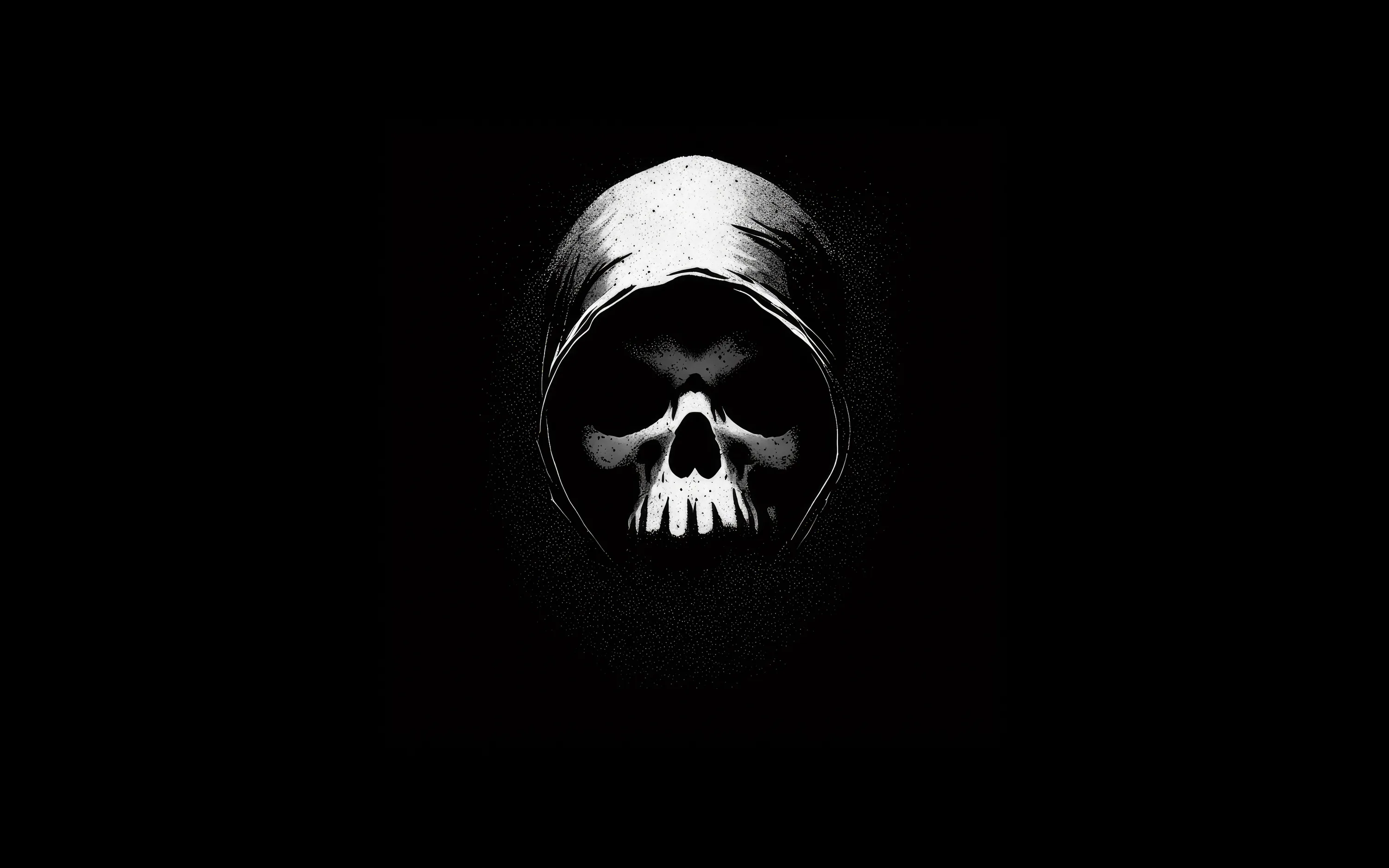 A skull looks out from under a grey hood at the centre of the frame, the cloth and the dark blending so the edges disappear.