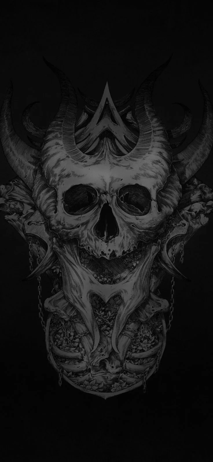 Curved horns and carved bone detail fill a tall phone-shaped frame, the graphite shading fading to black at every edge.