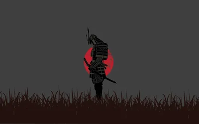 A samurai stands in tall grass with sword drawn, cut flat black against a dull red disc on a grey field with a wide empty sky.