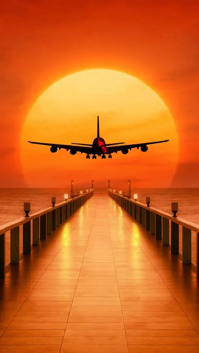 A jet descends dead-centre over a symmetrical wooden pier, an oversized orange sun filling the sky behind it in this CGI scene.