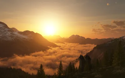 The low sun blazes over ridgelines as fog glows gold in the valley below, a few pine tops breaking through in silhouette.