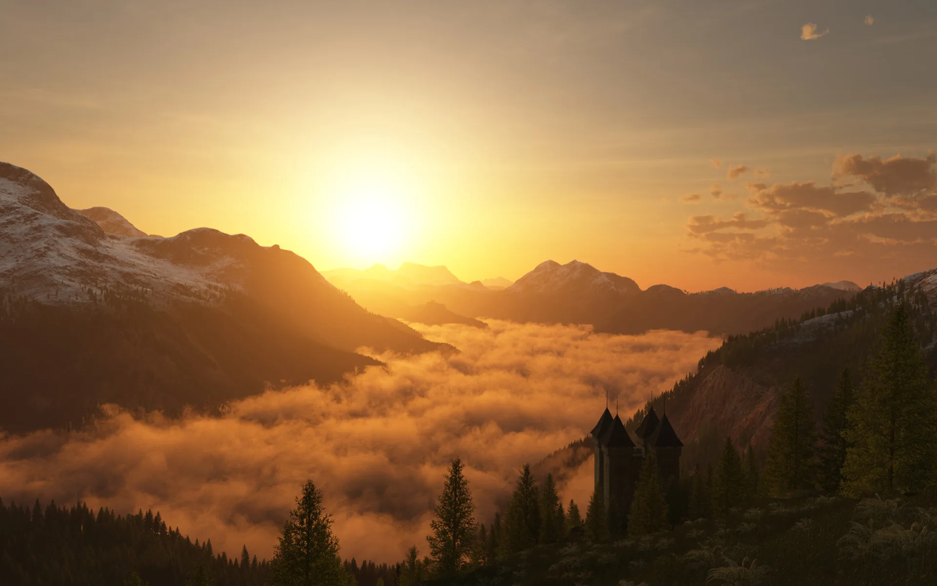 The low sun blazes over ridgelines as fog glows gold in the valley below, a few pine tops breaking through in silhouette.