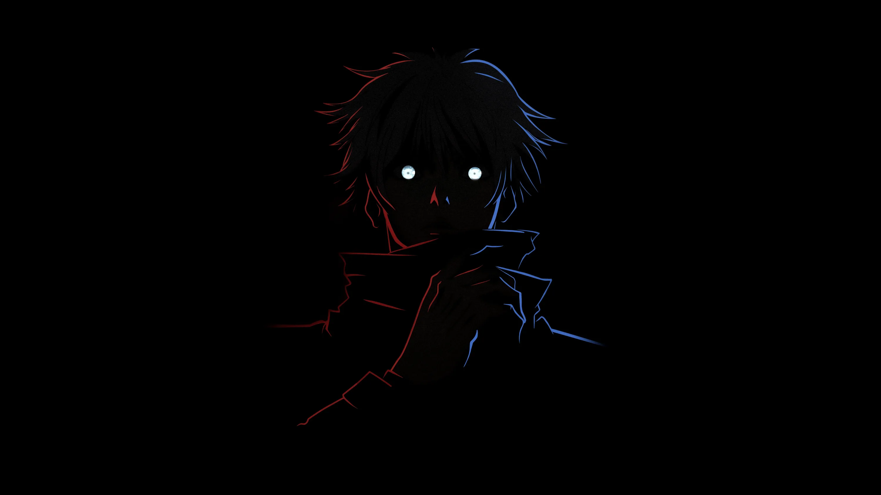 Almost the whole frame is black; a boy's face and hand surface in faint red and blue rim light, only his white eyes fully lit.