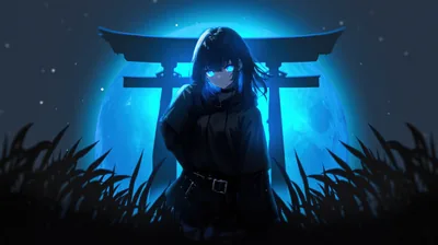 She stands hands in pockets before a torii silhouette, a wide blue moon behind her and tall grass cut out black along the bottom.