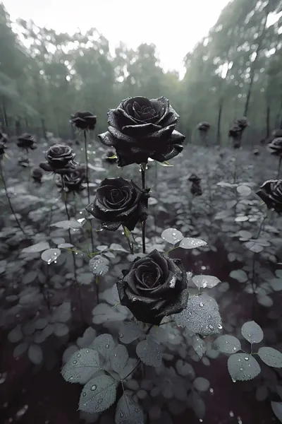 Charcoal roses rise on thin stems across a wet forest floor, the trees behind them washed out to pale grey fog.