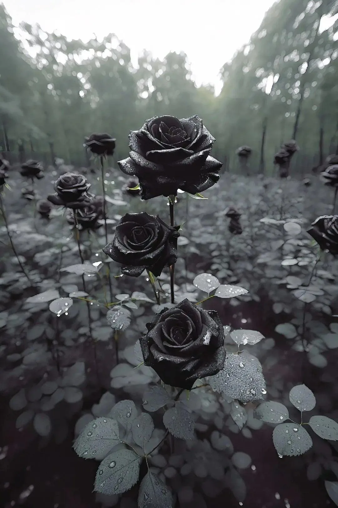 Charcoal roses rise on thin stems across a wet forest floor, the trees behind them washed out to pale grey fog.