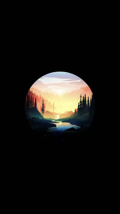 A round window opens onto a river valley at dawn, pine silhouettes and hazy peaks inside it, the surround kept solid black.