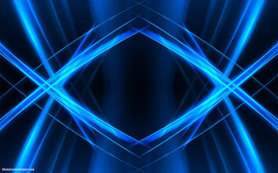 Bright blue beams cross in a symmetrical diamond at the centre, thinner rays fanning out to both sides of a dark stage.