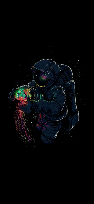 An astronaut in a dark suit cradles a jellyfish that glows in rainbow colours, the pair floating alone in a black field.