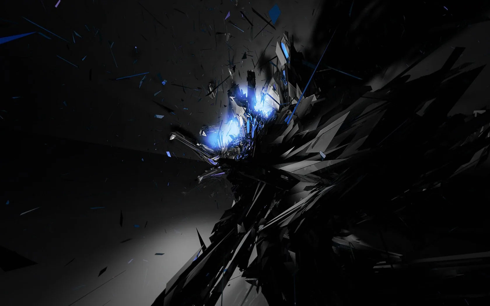 Jagged black fragments blow apart across the right of a plain grey studio wall, blue-white light flaring from the point they came from.