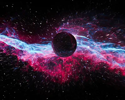 A black sphere hangs at the centre of a burst of magenta and blue nebula filaments, star flecks thinning out toward the near-black corners.