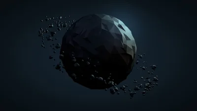 A faceted grey asteroid floats against dark blue with smaller rocks scattered in a loose ring around it.