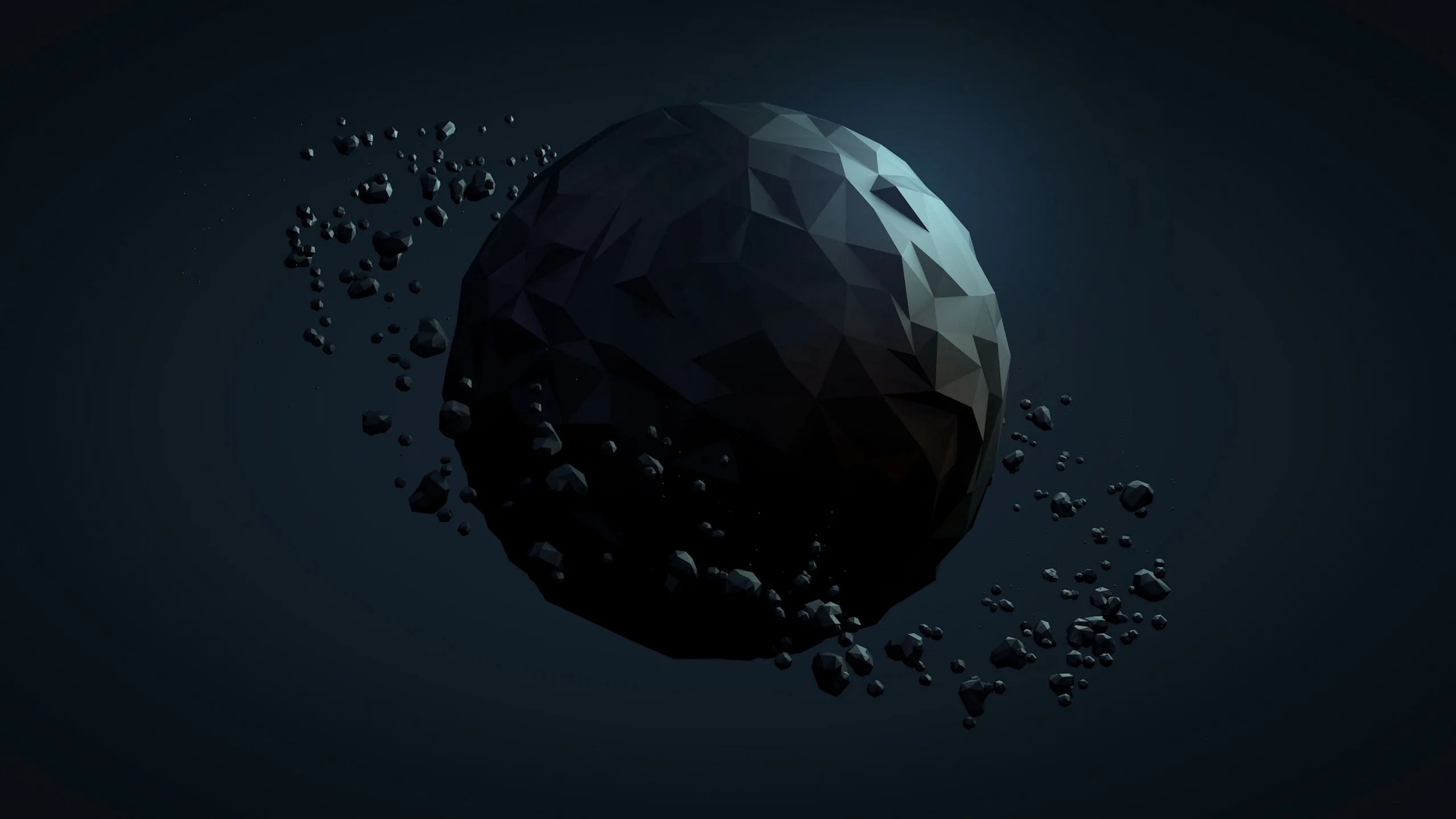 A faceted grey asteroid floats against dark blue with smaller rocks scattered in a loose ring around it.