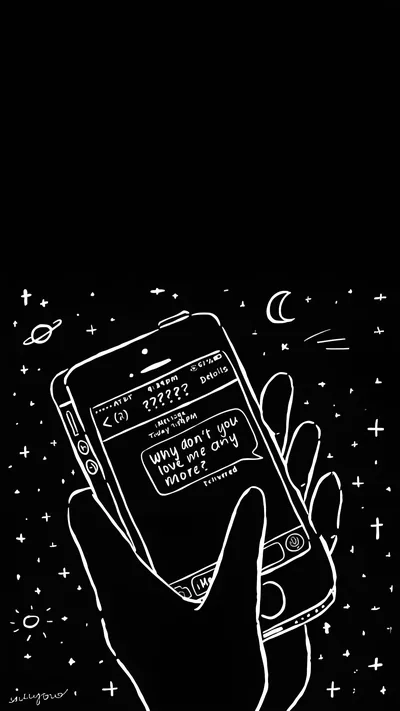 White outline art on solid black shows a hand raising a phone mid-message, with scattered stars, a crescent moon and a small ringed planet around it.