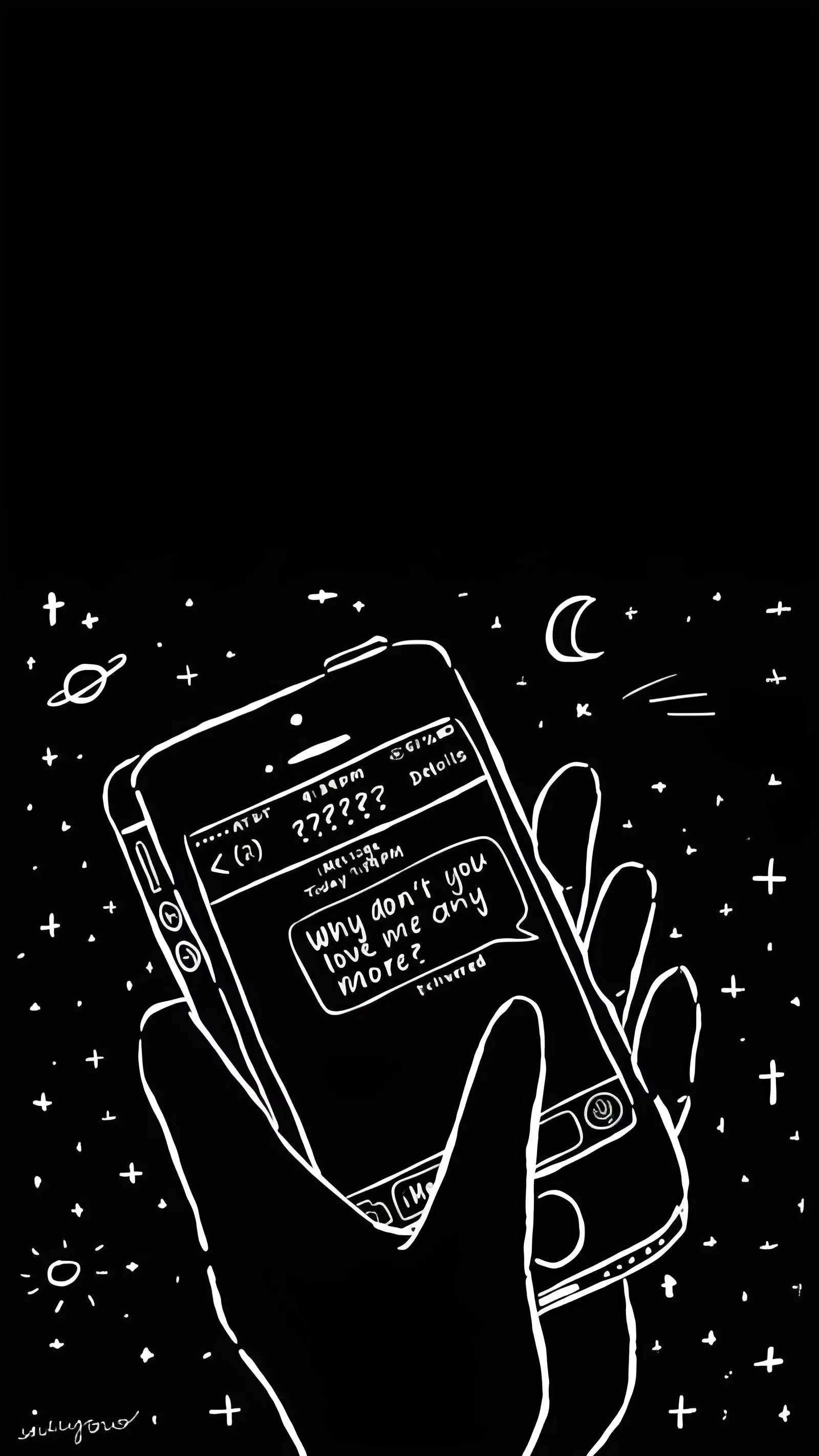 White outline art on solid black shows a hand raising a phone mid-message, with scattered stars, a crescent moon and a small ringed planet around it.